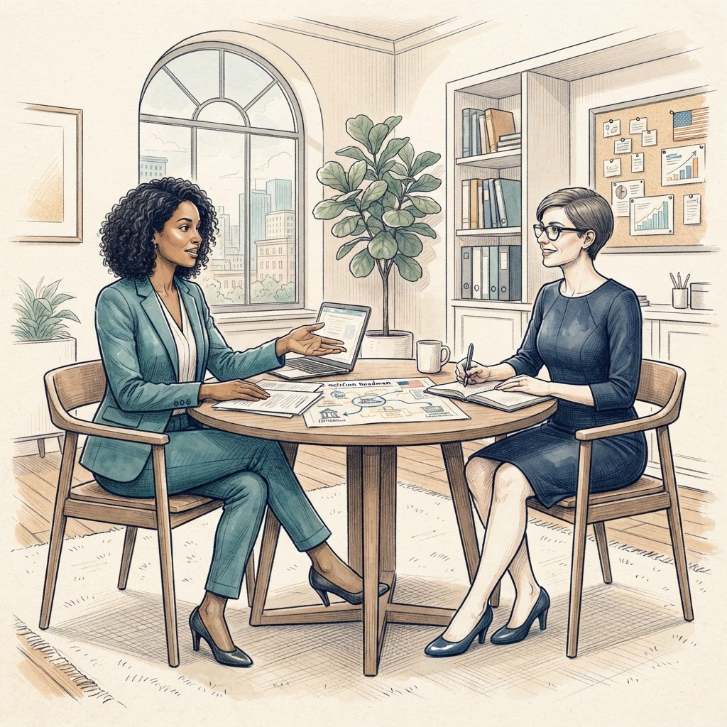Full-scene watercolor-and-ink sketch of two professional women in an immigration strategy consultation