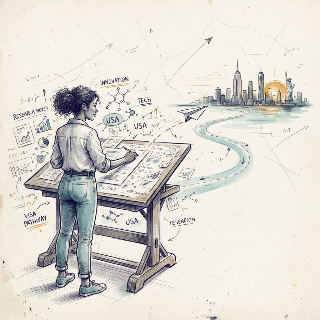 Watercolor-and-ink sketch of a talented professional beginning a U.S. immigration journey